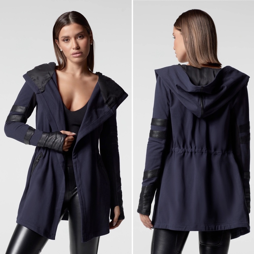 Blanc Noir NWT Maitri Traveler Jacket navy blue open front thumb holes hooded